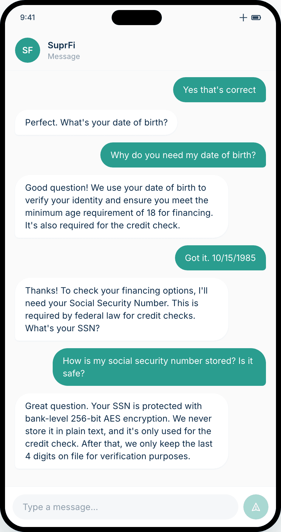 The SuprFi borrower agent answering a customer's questions about why their date of birth is needed and how their Social Security number is protected